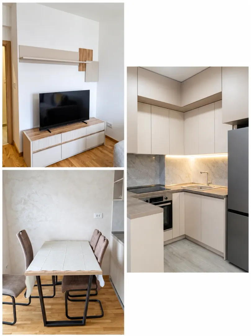 Combined living room with kitchen and dining area.