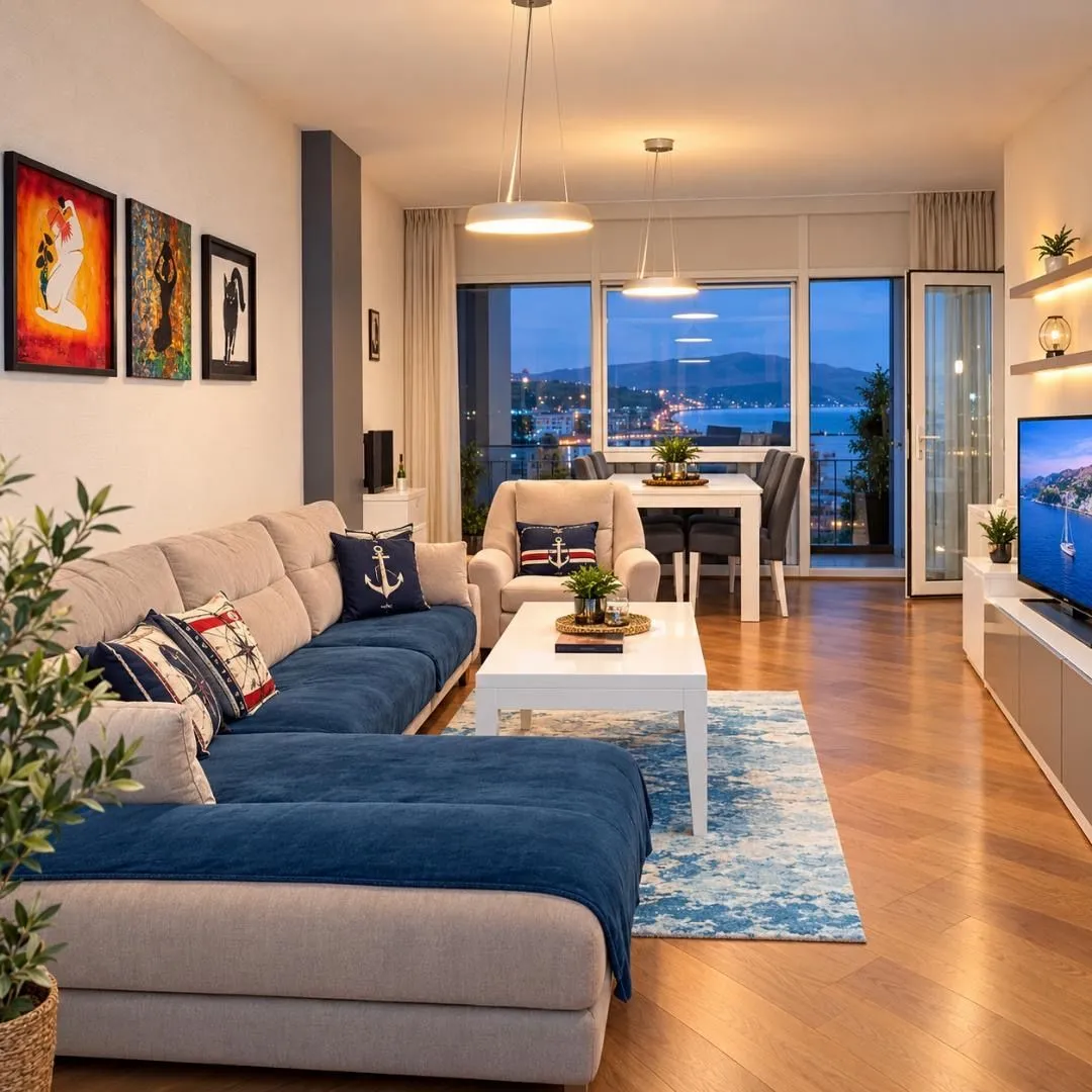 Spacious living room with a sofa, dining area, and sea view.