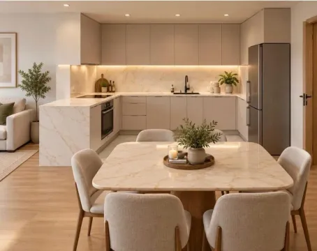 Modern kitchen with a dining area and built-in cabinetry in light tones. - image 7