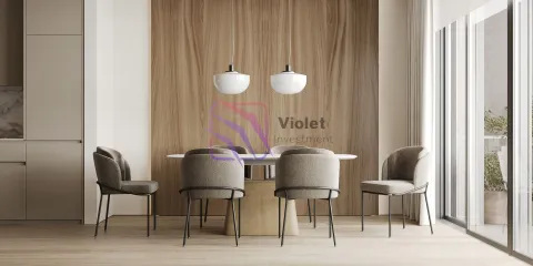 Trpezarija sa modernim stolom i stolicama u blizini kuhinje. - image 8