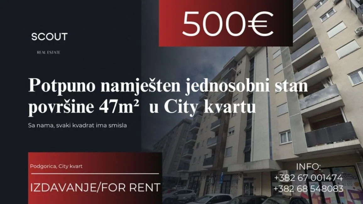 Izdavanje, jednosoban stan, 47m², City Kvart, Podgorica