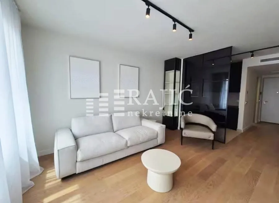 Living room with sofa, coffee table and modern lighting.