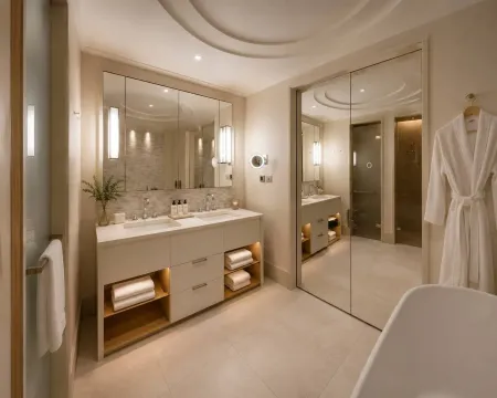 Moderne kupatilo sa velikim ogledalom, umivaonikom sa dva lavaboa i tuš kabinom. - image 8