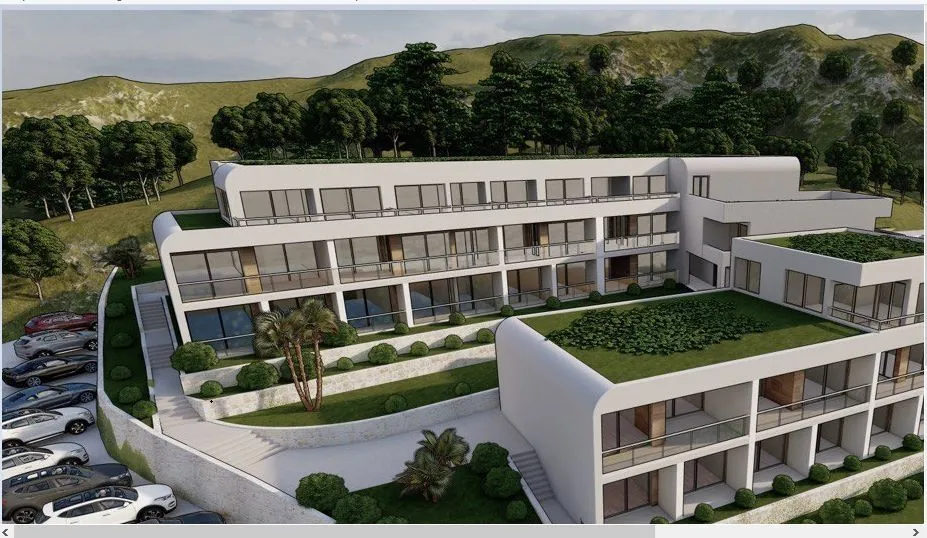 3D prikaz moderne stambene zgrade na brdu sa uređenim dvorištem.