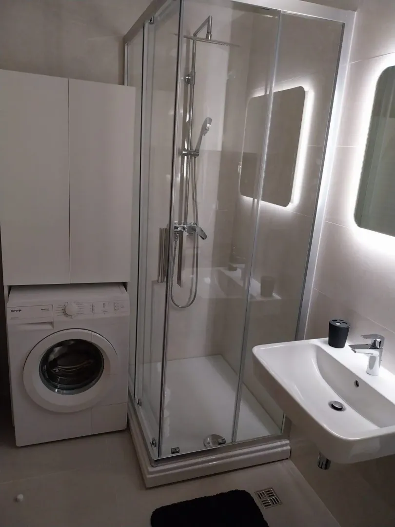 Modern bathroom with a shower cabin, sink, and washing machine.