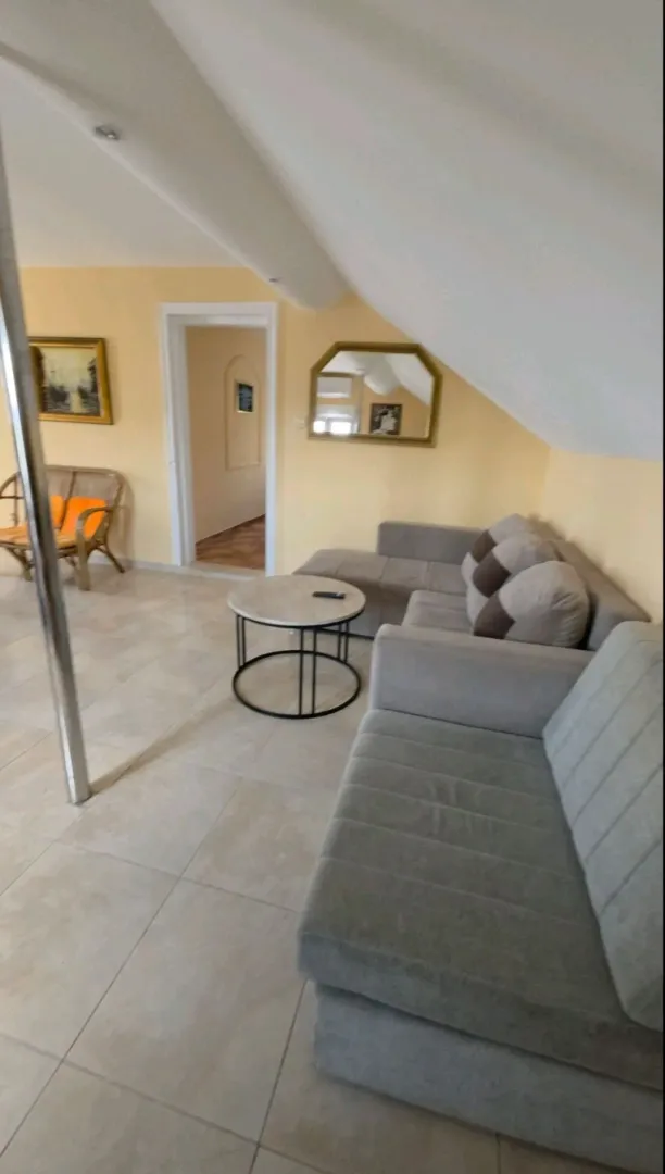 Living room with sofa seating and a sloped ceiling.