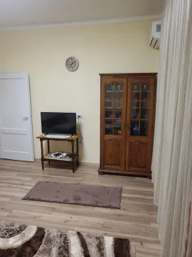 Dnevna soba sa drvenim ormarom, televizorom na komodi i laminatnim podom. - image 12