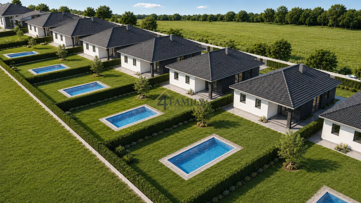 Pogled iz vazduha na niz modernih kuća sa bazenima i uređenim dvorištima.
