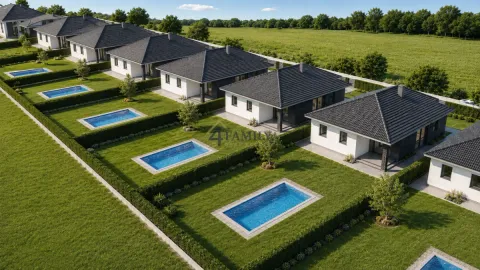 Pogled iz vazduha na niz modernih kuća sa bazenima i uređenim dvorištima. - image 8