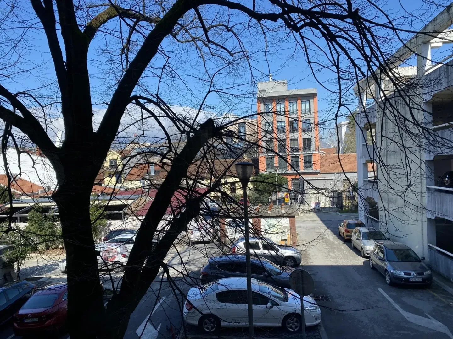 View from the window of a street, parking lot, and surrounding buildings through tree branches.