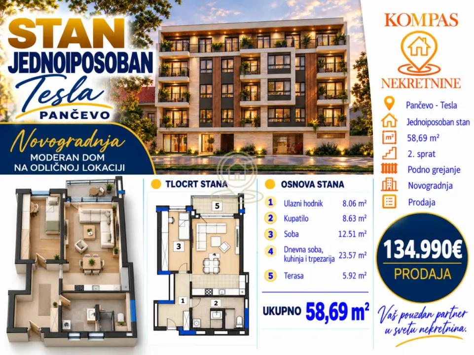 Sale, one bedroom apartment, 58m², Tesla, Pančevo