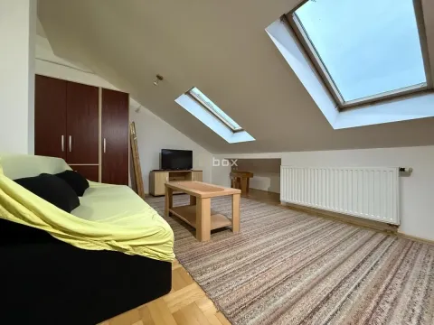 Attic living room with sofa, skylights and wooden wardrobe. - image 8