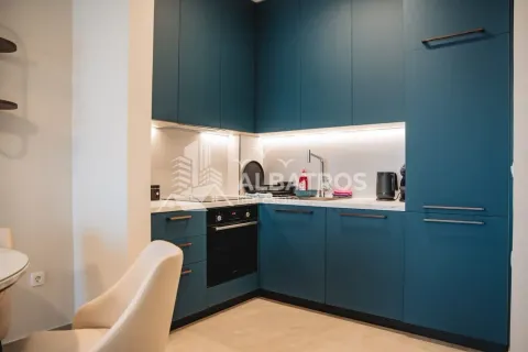 Modern blue kitchen with built-in appliances and lighting. - image 11