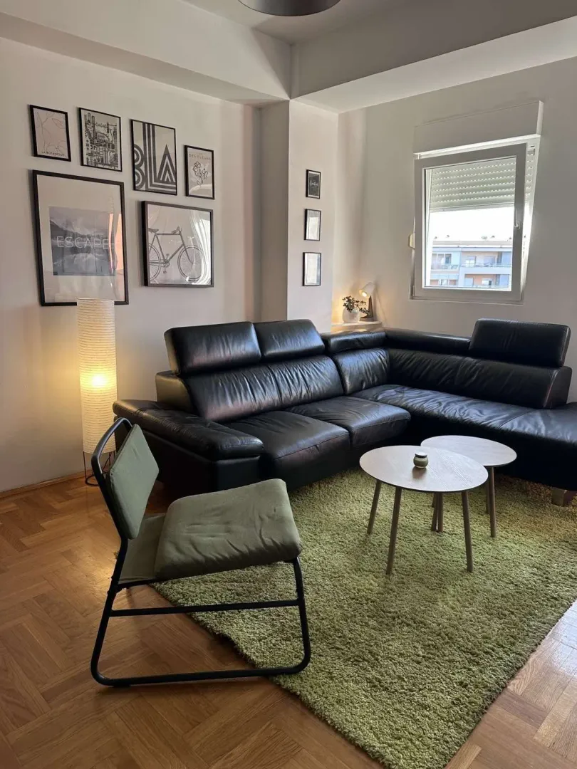 Bright living room with a black leather sectional sofa and a green rug.