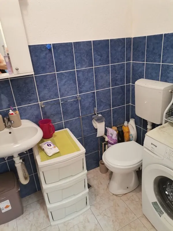 Kupatilo sa umivaonikom, WC šoljom i veš mašinom.