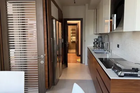 Modern kitchen with wooden cabinetry, built-in refrigerator, and a coffee machine on the countertop. - image 10