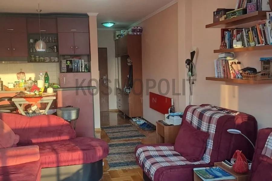 Dnevna soba sa garniturom i pogledom na kuhinju.