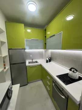 Bright kitchen featuring green cabinets and built-in appliances. - image 12