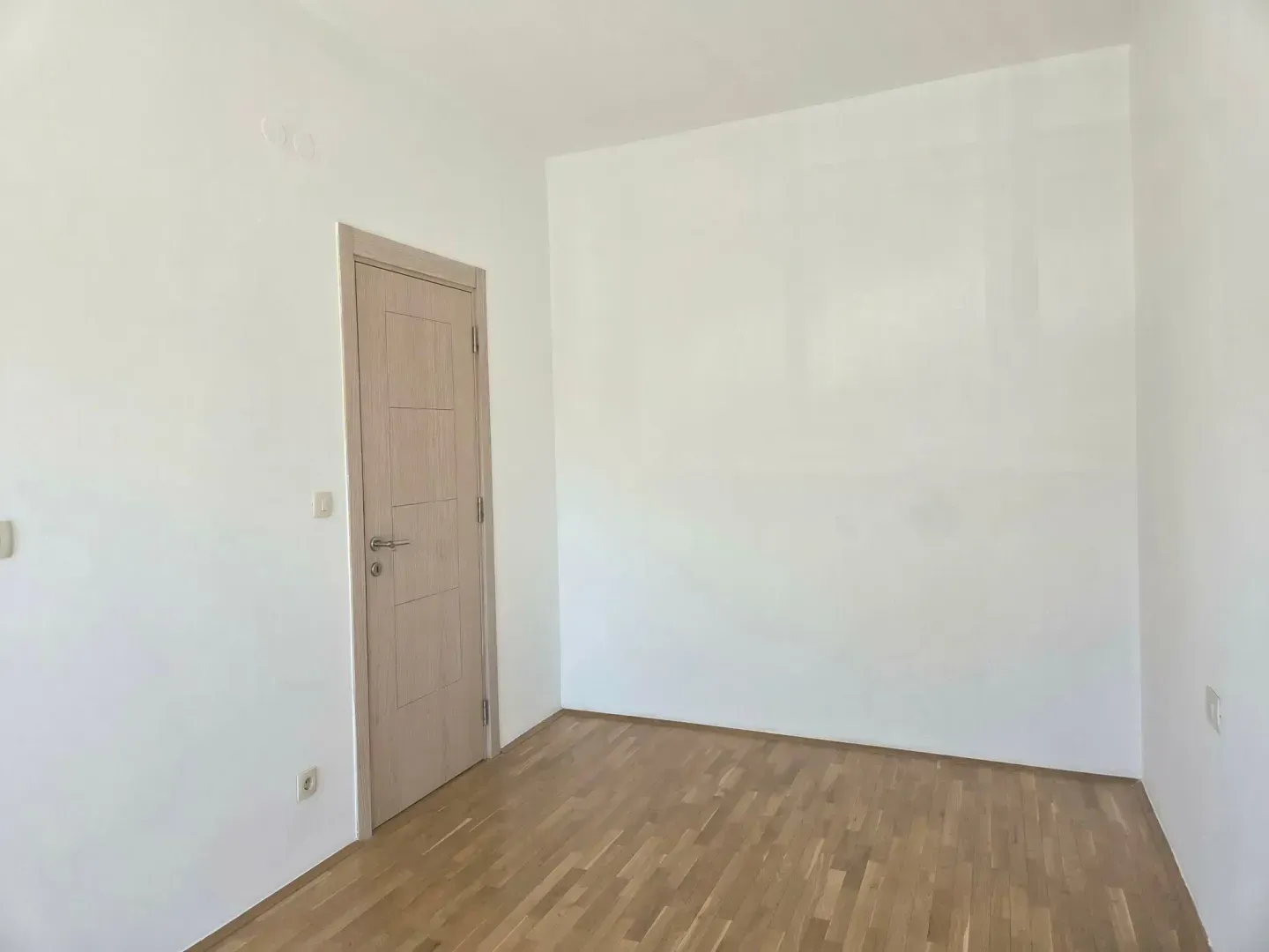 Empty room with parquet flooring and a wooden door.