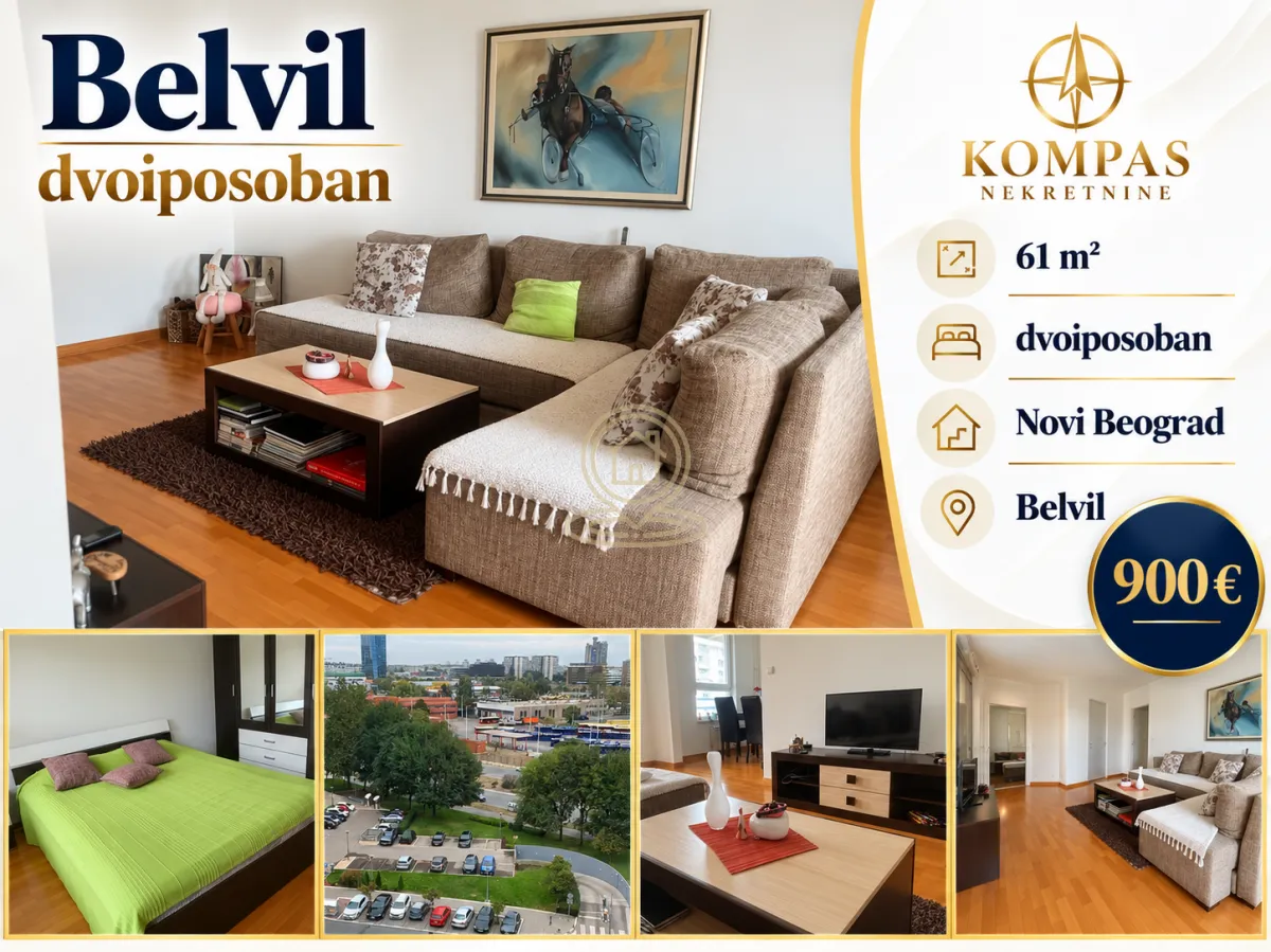 Dnevna soba sa ugaonom garniturom, stočićem i slikom na zidu.