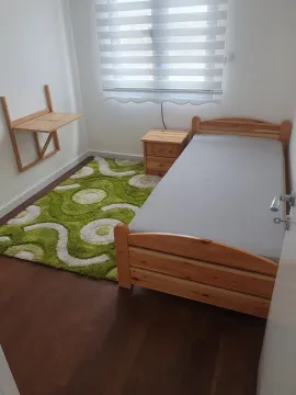Manja spavaća soba sa drvenim krevetom, noćnim stočićem i zelenim tepihom. - image 4