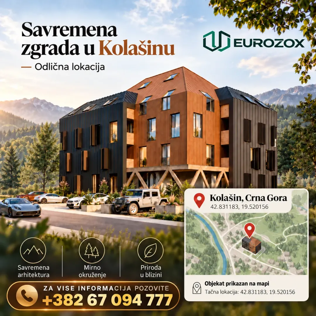 Spoljašnji izgled moderne stambene zgrade sa parkingom i planinskim okruženjem.