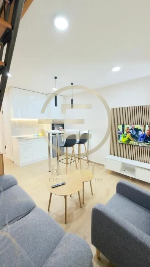 Dnevni boravak sa garniturom, televizorom i kuhinjom u pozadini.