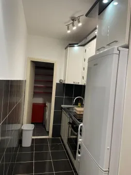 Small kitchen with white cabinets and a refrigerator, with a view of the pantry. - image 6