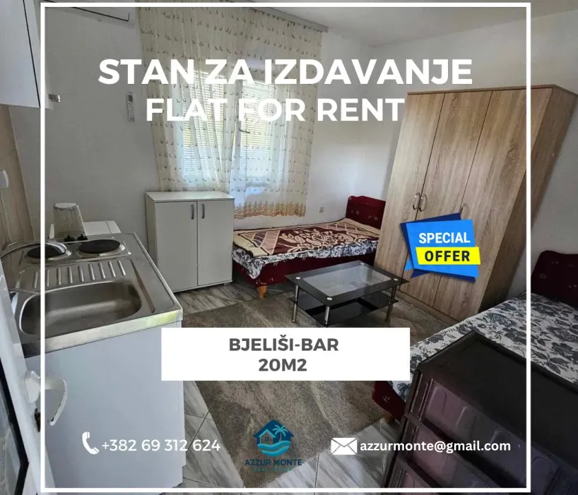 Izdavanje, garsonjera, 20m², Bjeliši, Bar
