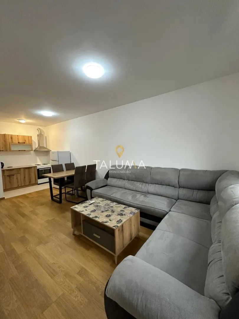 Living room with a sofa, dining area, and open kitchen.