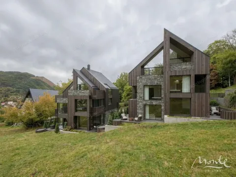 Pogled na eksterijer modernih vila sa drvenom fasadom i uređenim dvorištem. - image 10