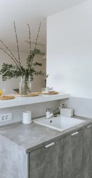 Detalj kuhinje sa radnom pločom, sudoperom i dekorativnom vazom. - image 8