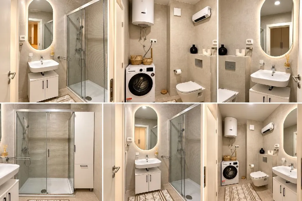 Kolekcija fotografija modernog kupatila sa tuš kabinom, umivaonikom i veš mašinom.