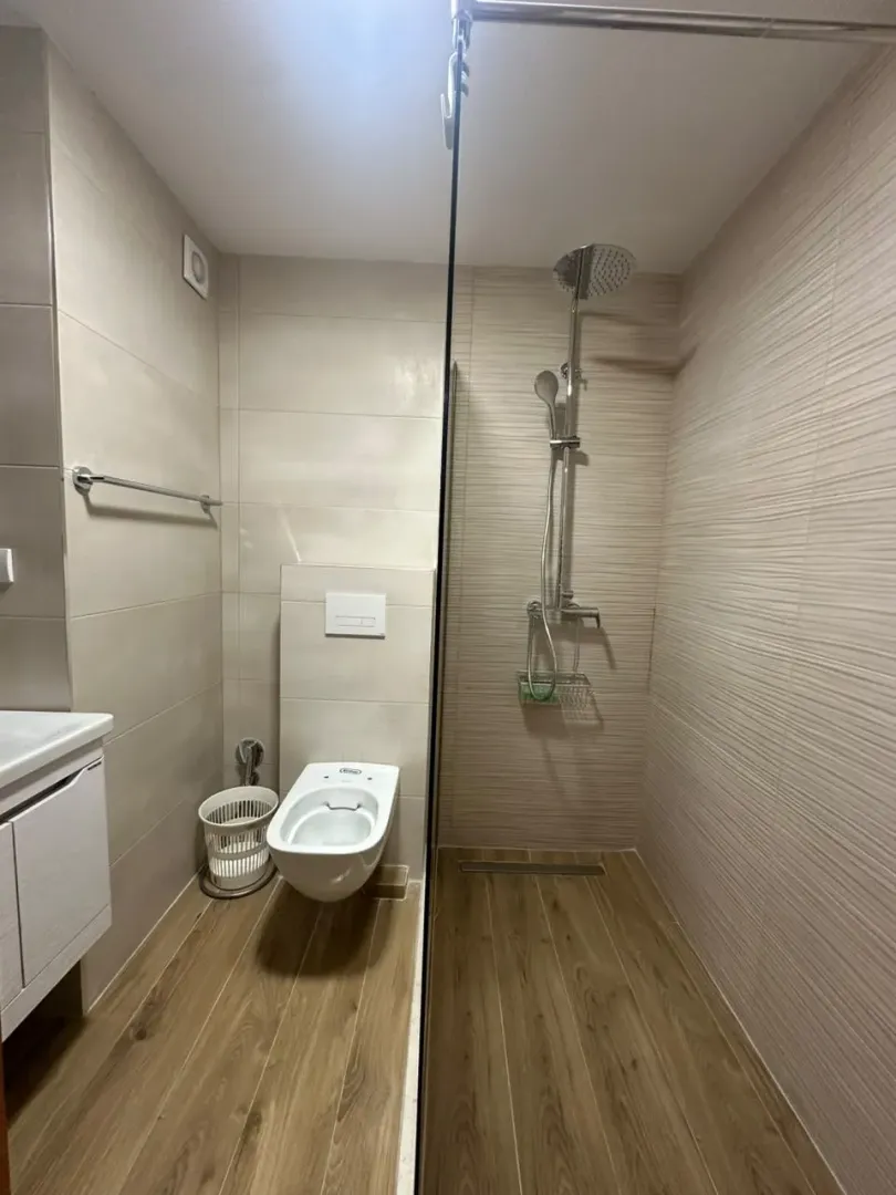 Modern bathroom with a walk-in shower, washbasin, and wall-mounted toilet.
