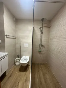 Modern bathroom with a walk-in shower, washbasin, and wall-mounted toilet. - image 6