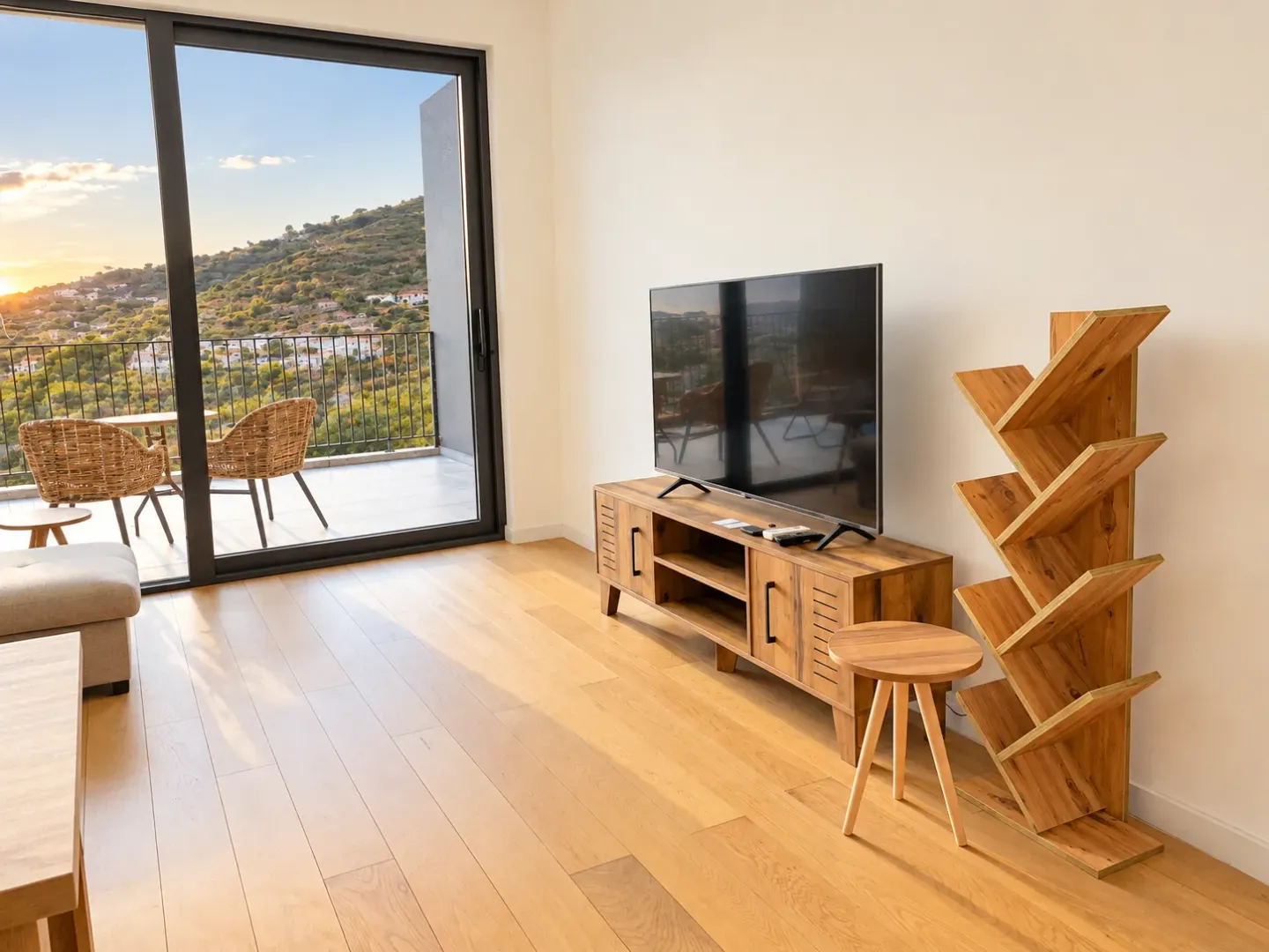 Living room with wooden furniture, TV, and access to a terrace with a nature view.