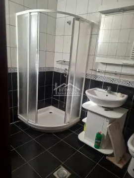 Bathroom with a shower cabin, washbasin, and mirror. - image 13