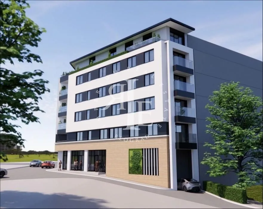Spoljašnji izgled moderne stambene zgrade sa terasama i parkingom.