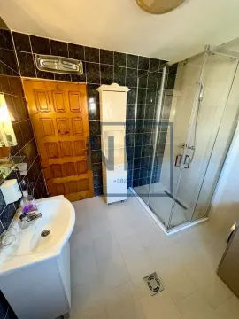 Bathroom with a shower cabin, washbasin, and wooden door. - image 12