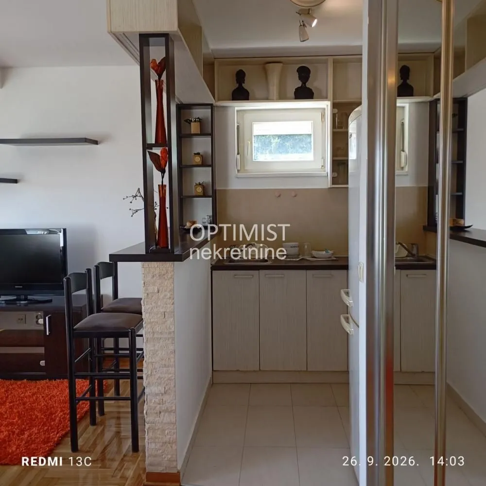 Smaller kitchen with cabinetry and a bar counter as part of the living room.