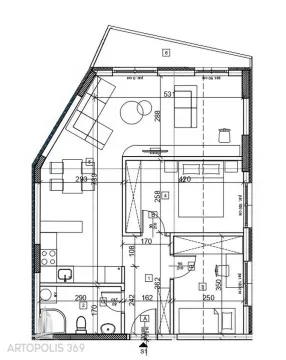 Crtež prikazuje detaljan tlocrt stana sa rasporedom prostorija. - image 3