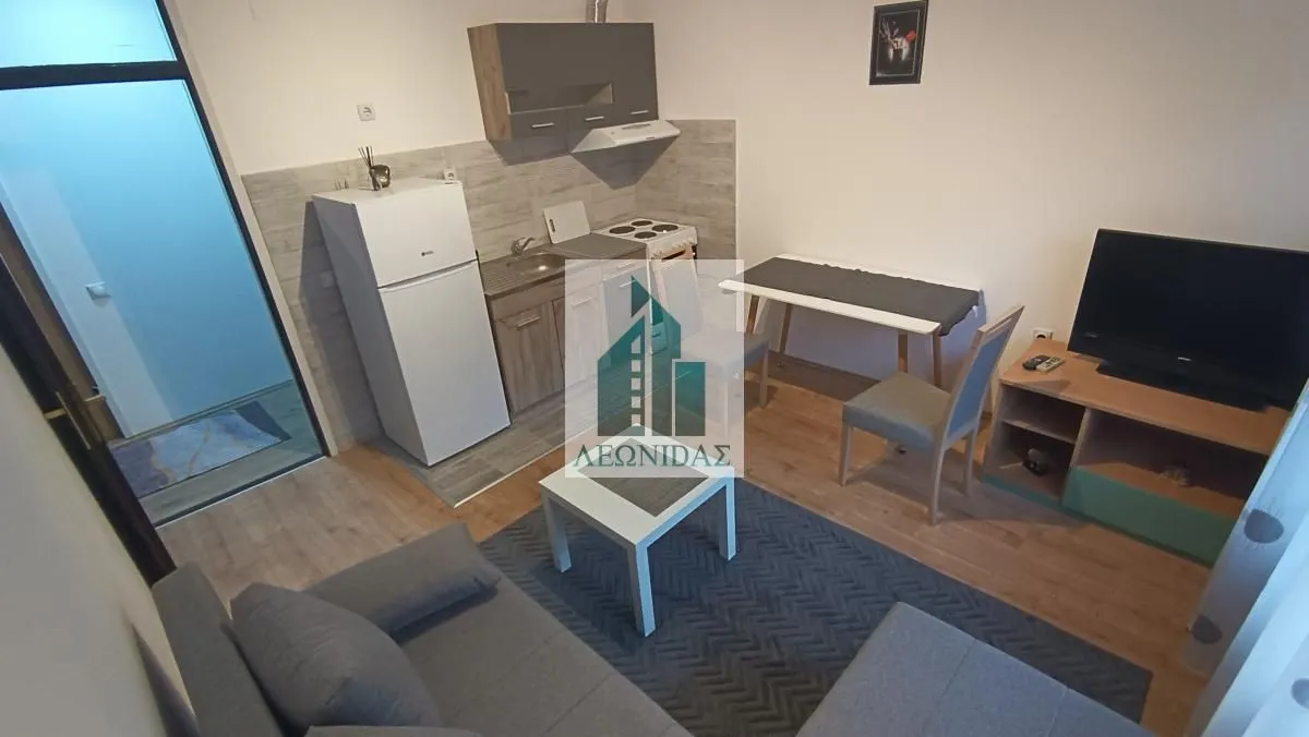 Small living room with a kitchen and dining table.