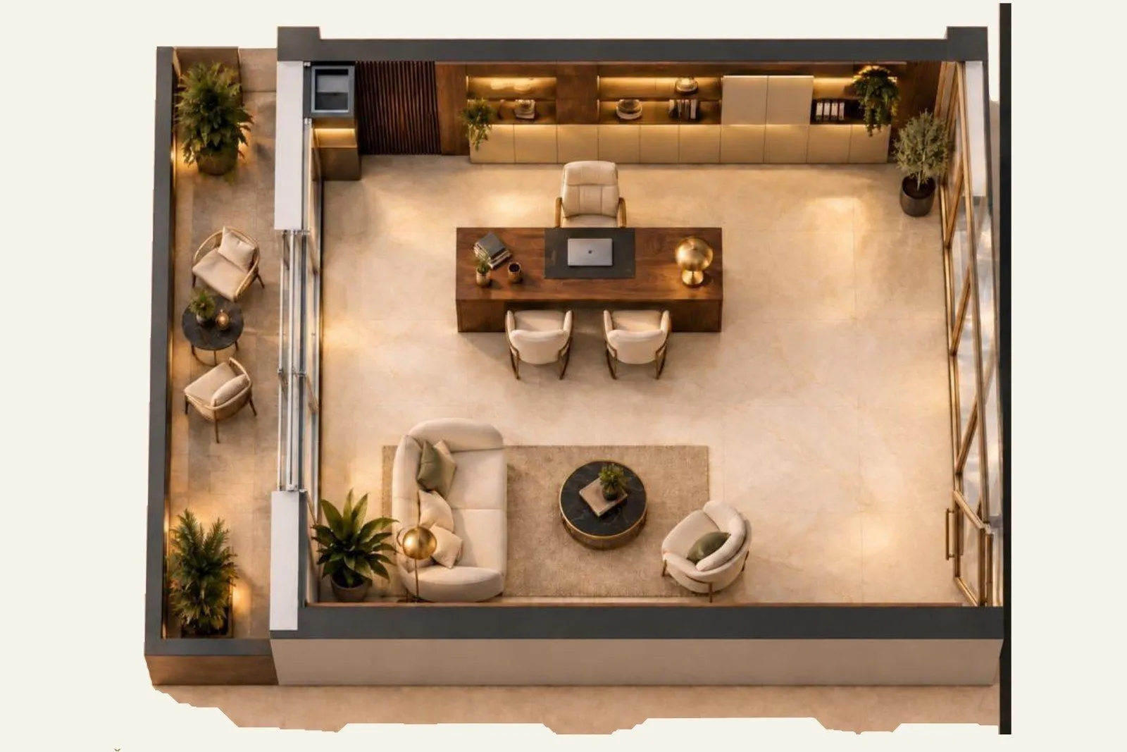 3D view of a furnished office interior with a desk and sofa set.
