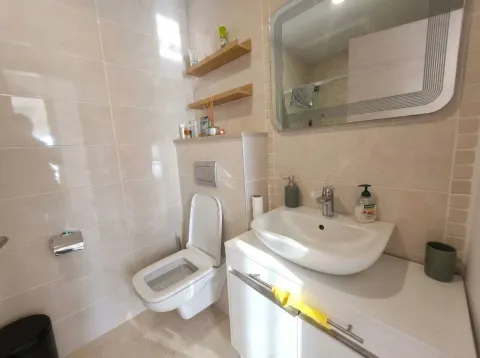 Kupatilo opremljeno umivaonikom, WC šoljom, ogledalom i zidnim policama. - image 16