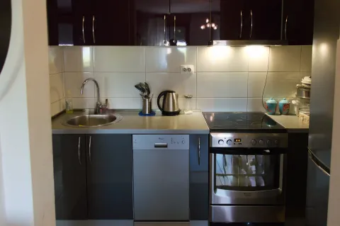 Modern kitchen with dark cabinetry and built-in appliances. - image 7