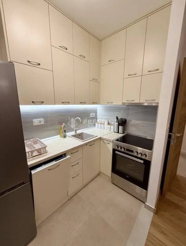 Small bright kitchen with built-in cabinetry and appliances.