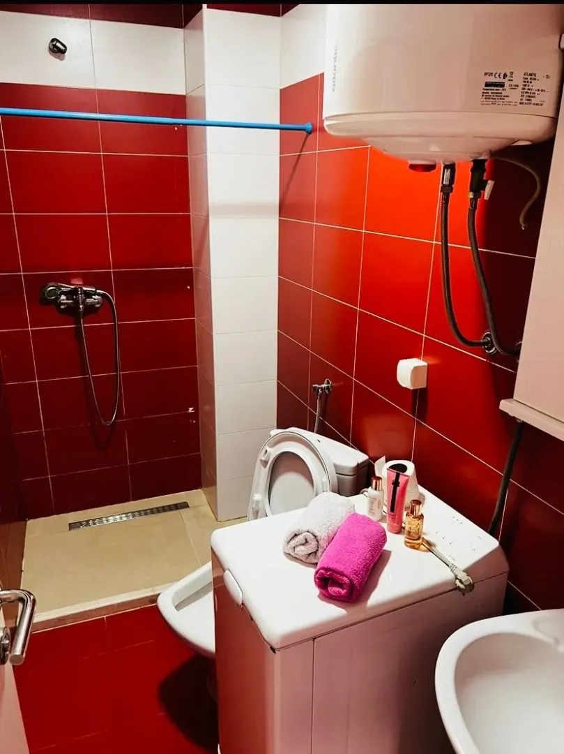 Manje kupatilo sa tuš kabinom, toaletom, mašinom za veš i crvenim keramičkim pločicama.