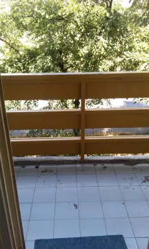 View from a tiled balcony with a wooden railing facing green trees. - image 13
