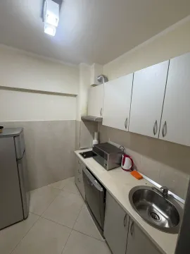 Manja kuhinja sa bijelim elementima, frižiderom i ugradnim uređajima. - image 13