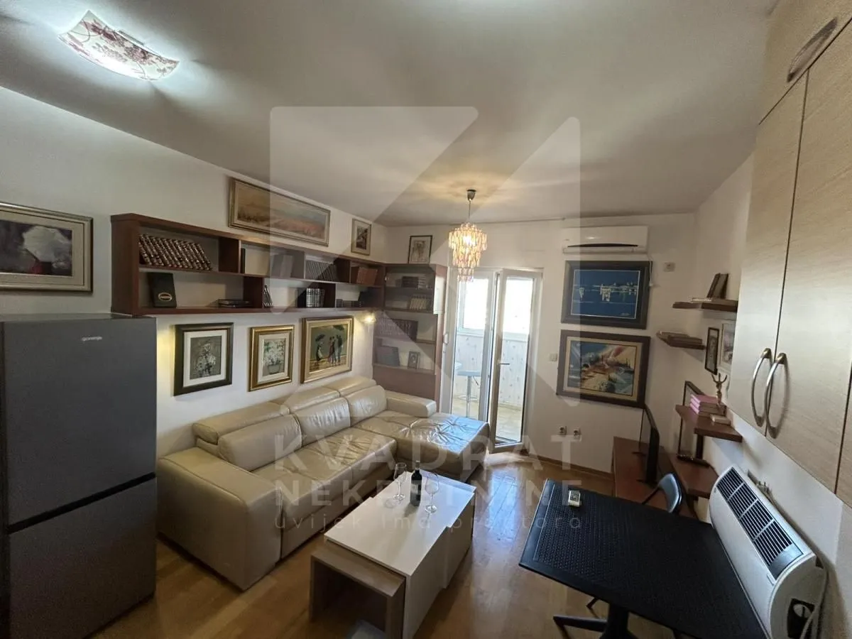Living room with a sofa, shelving units, and access to the terrace.